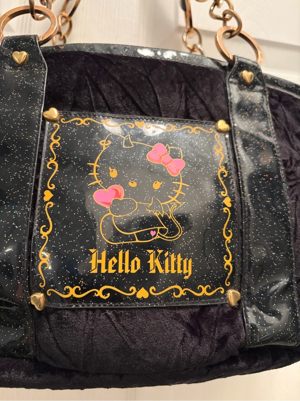 Sanrio Hello Kitty 2008 Gothic Velvet Chain Tote Y2K Kawaii Purse - Picture 2 of 12